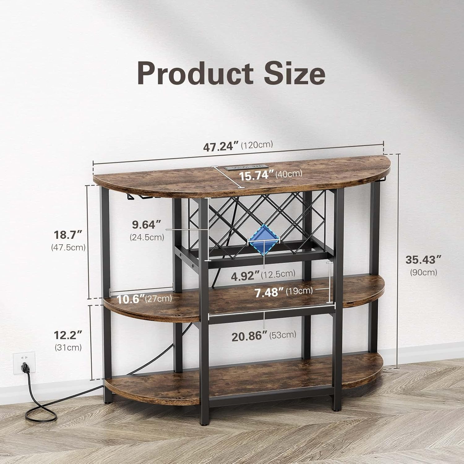 Zarler Armario de mesa de bar con toma de corriente, gabinete LED para el hogar, mini bar para licor, soporte de metal para bar de vino con