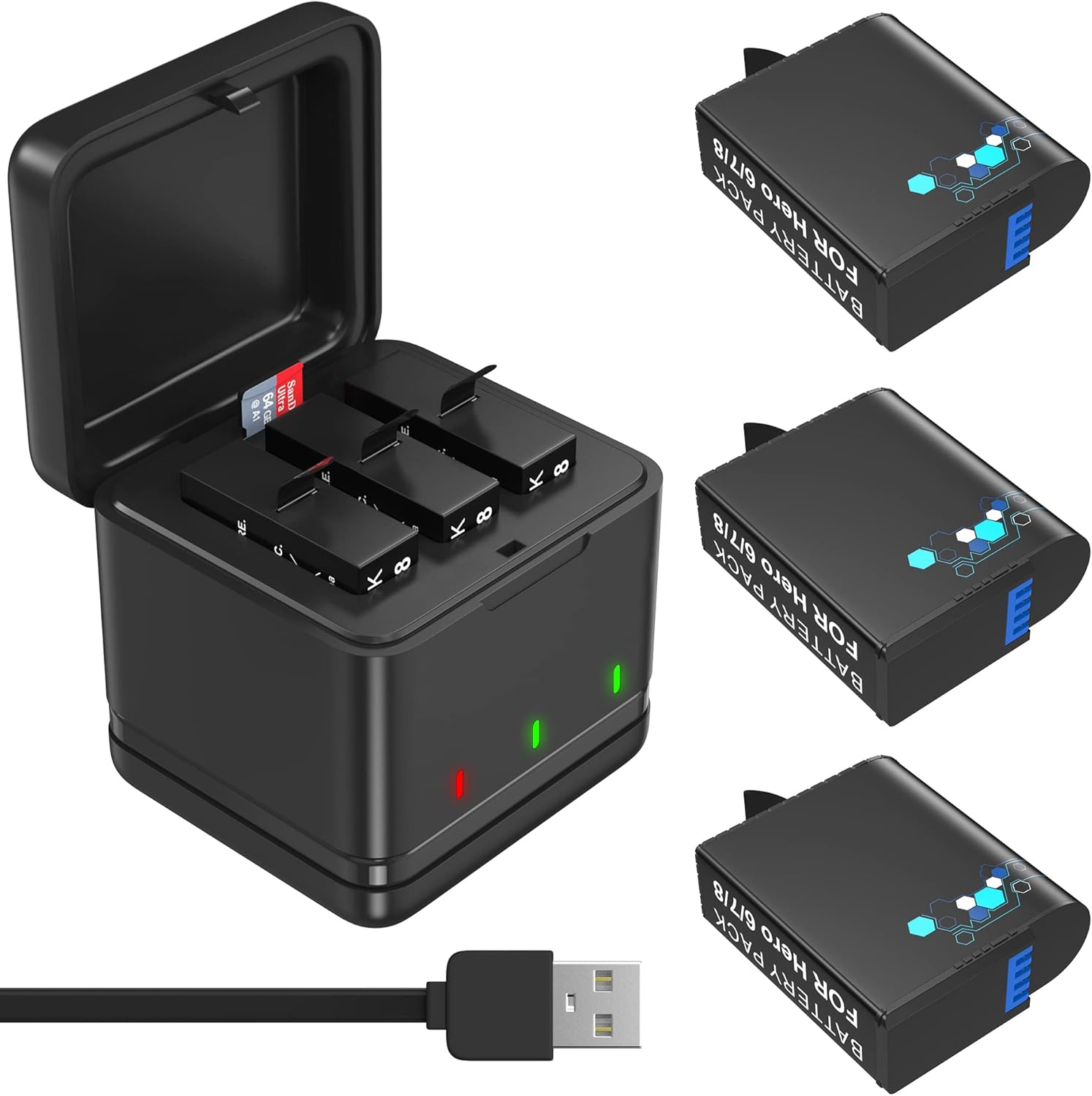 Hero 8 – Batería de repuesto de 1800 mAh para GoPro Hero 678, paquete de 3 y cargador de almacenamiento (totalmente compatible con GoPro Hero 8,