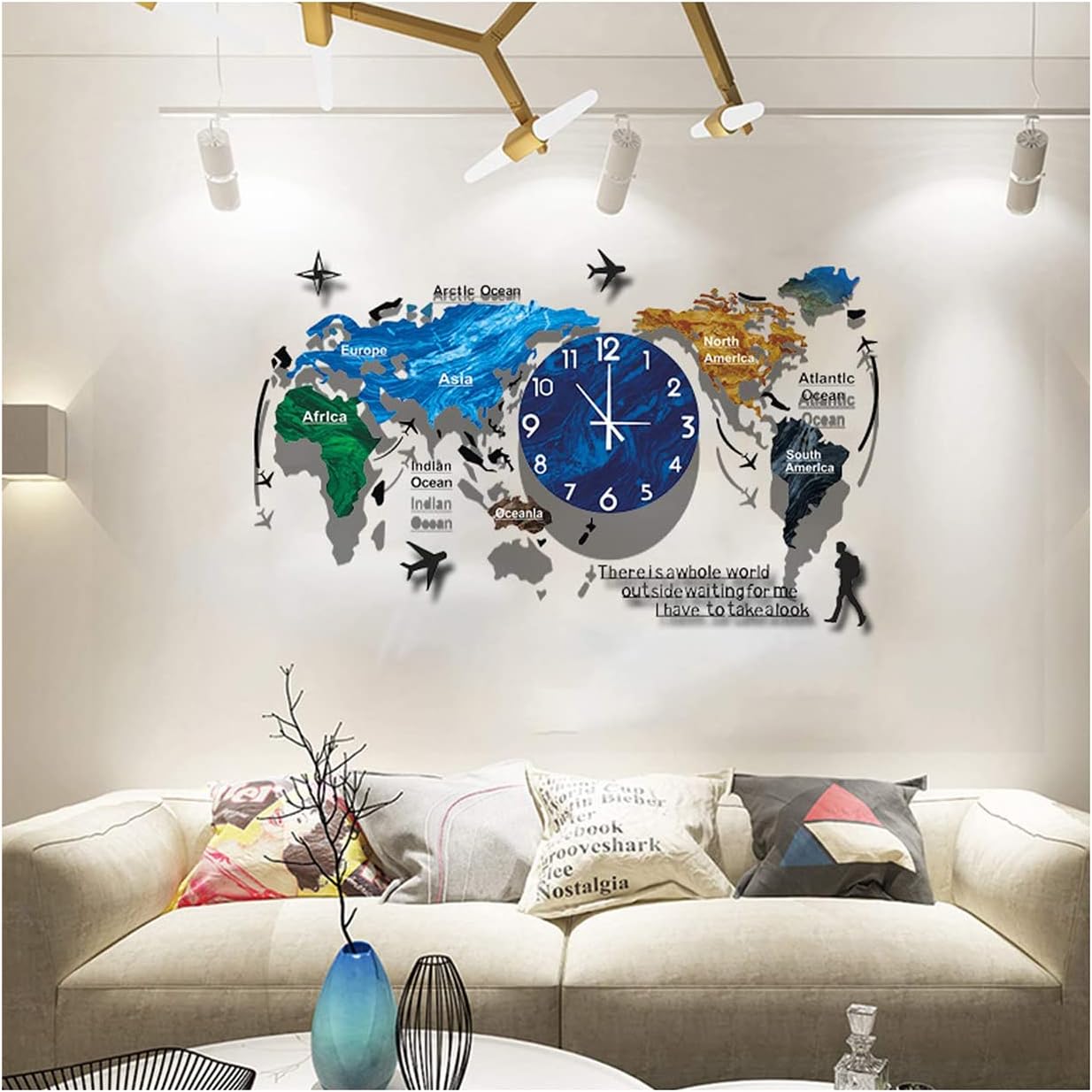 Reloj de pared con mapa del mundo, diseño moderno, pegatinas 3D, reloj colgante grande, mapa del mundo, minimalista, moderno, reloj único minimalista