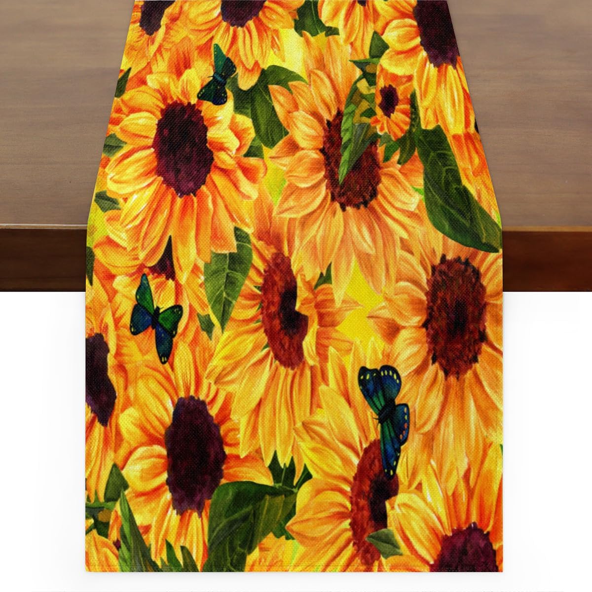 Table Runner Sunflower Butterfly, Rustic Linen Table Cloth for Farmhouse Kitchen, Dinner, Events, Party, Holiday Table Decor 13 x 120 Inches