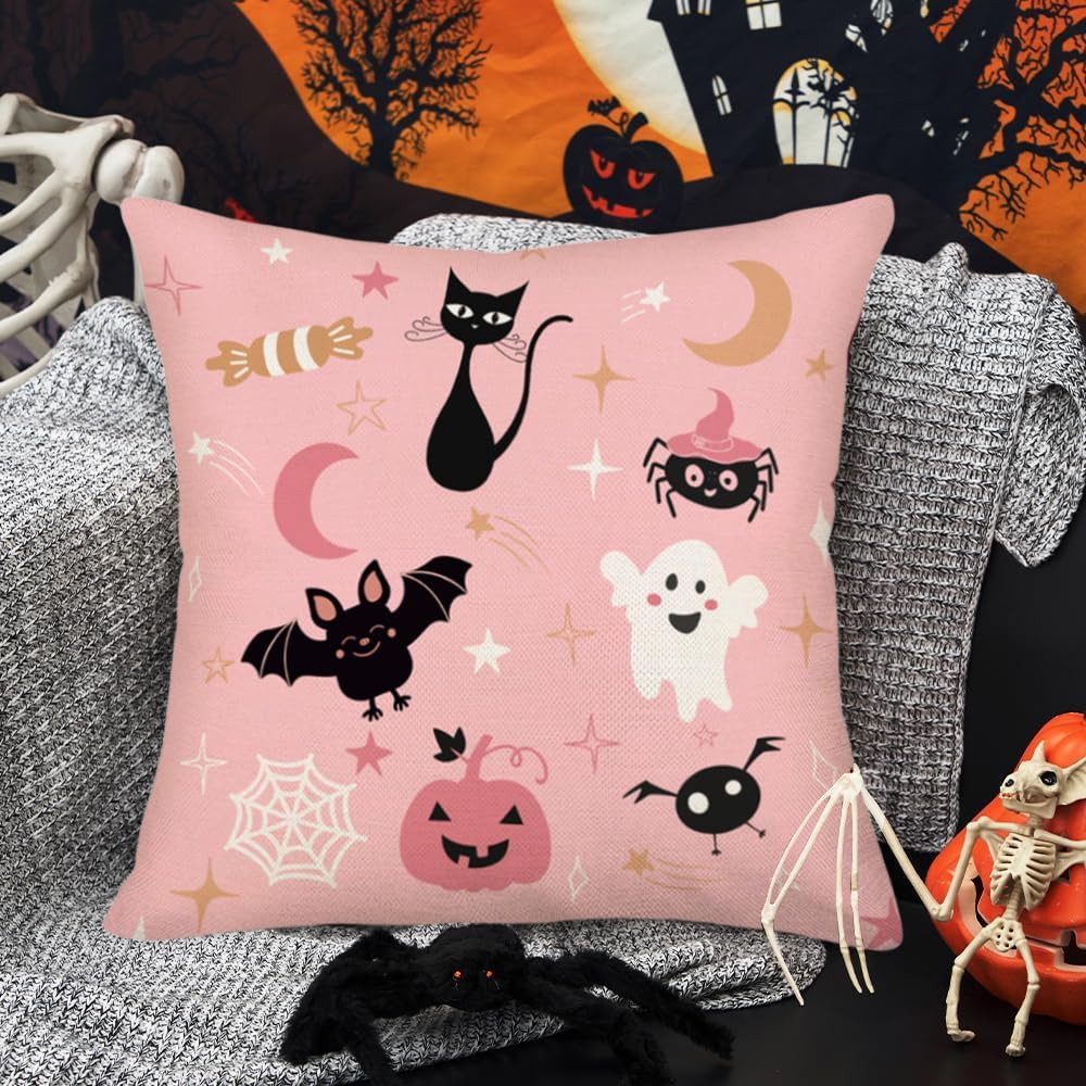 Juego de 4 fundas de almohada rosas con diseño de gatos negros, arañas abucheantes, fantasmas, murciélagos, luna, calabaza, lunares, vacaciones,