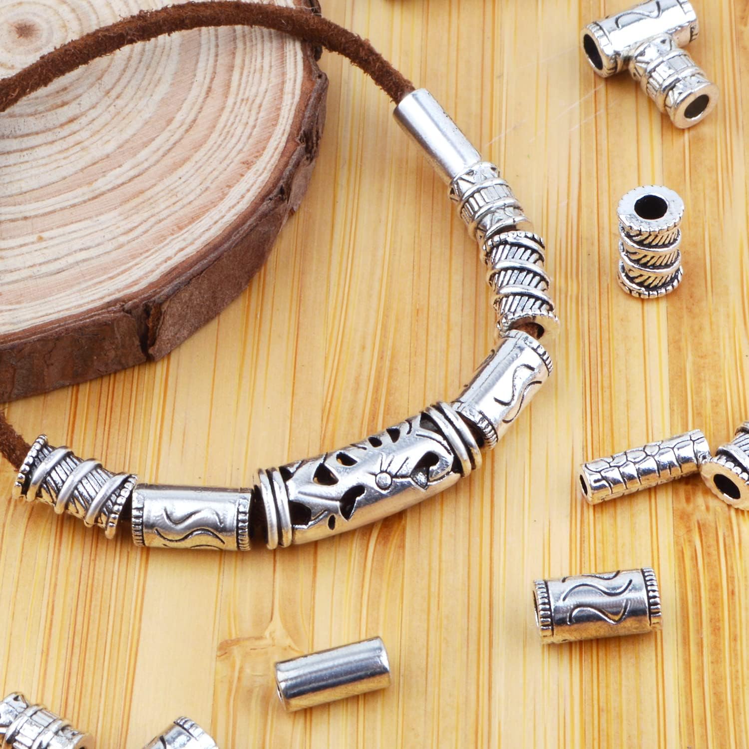Cuentas espaciadoras de columna surtidas de 3.53 oz (alrededor de 80 a 150 piezas) de cuentas de tubo de plata tibetana para pulseras, collares,