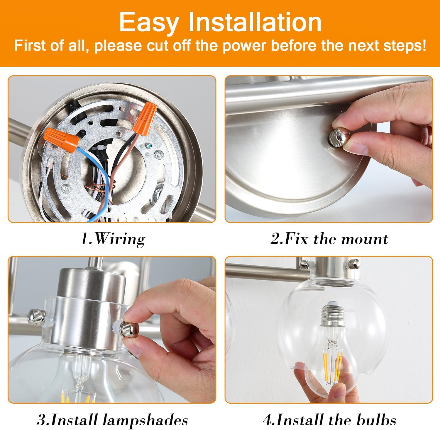 Lámpara de tocador de 3 luces, lámparas de baño de níquel cepillado, apliques de pared de granja con pantalla de vidrio transparente de globo,