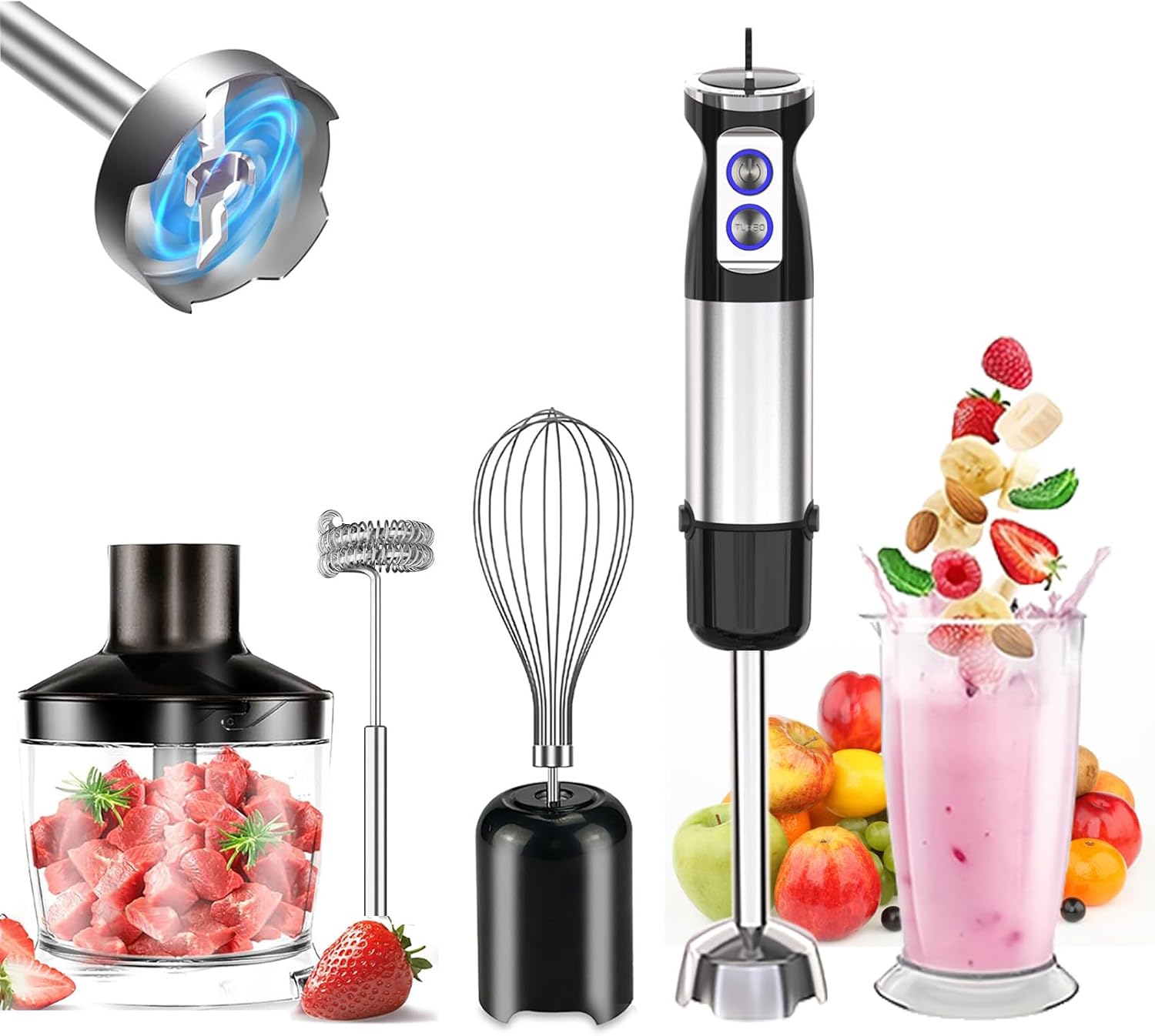 Licuadora de inmersión, licuadora de mano 5 en 1 de 1000 W, 12 velocidades y licuadora de mano de acero inoxidable Turbo con batidor, vaso de