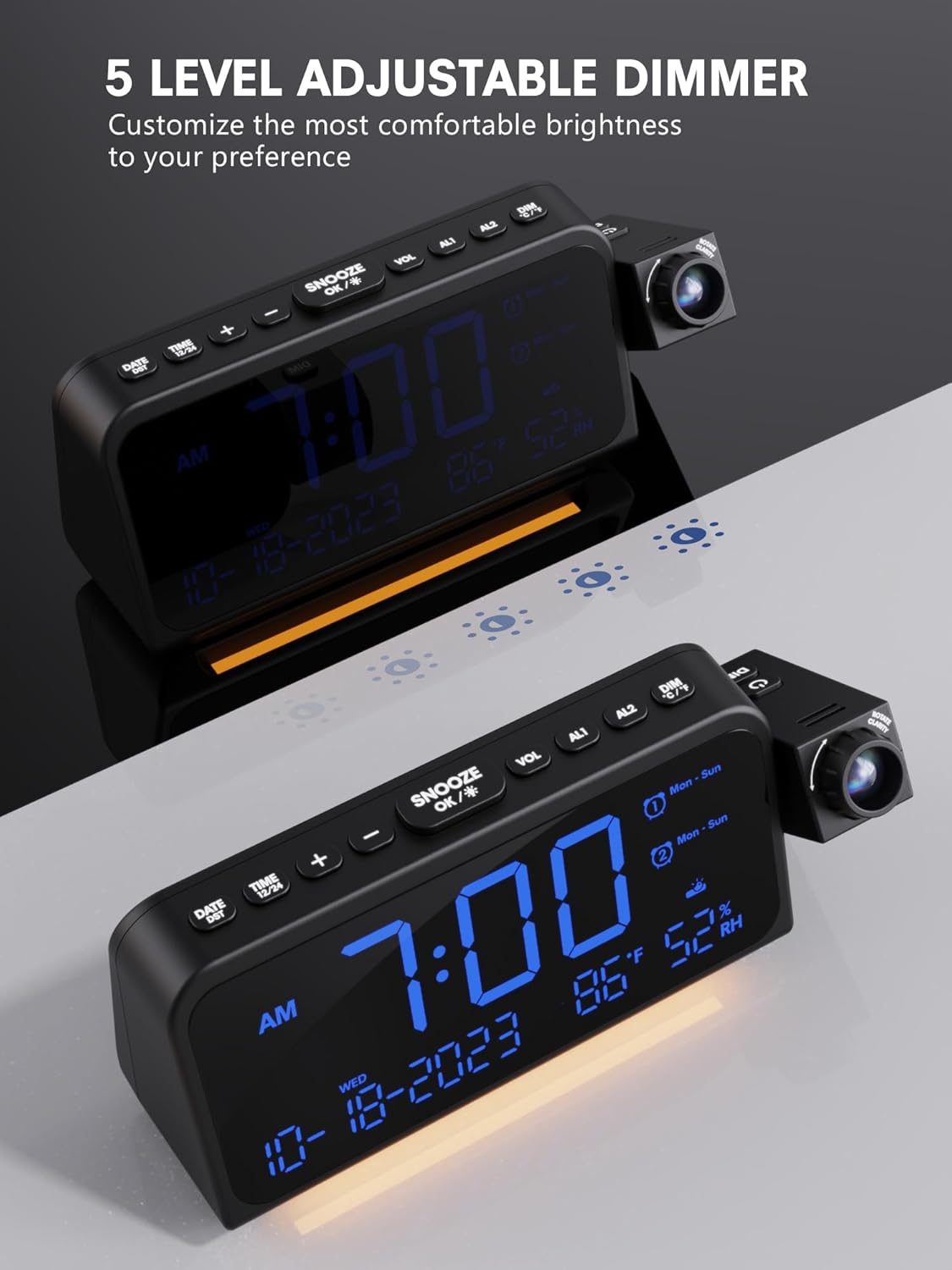 Reloj despertador de proyección con luz nocturna, fecha, temperatura, pantalla de humedad, proyector de reloj digital en la pared del techo con