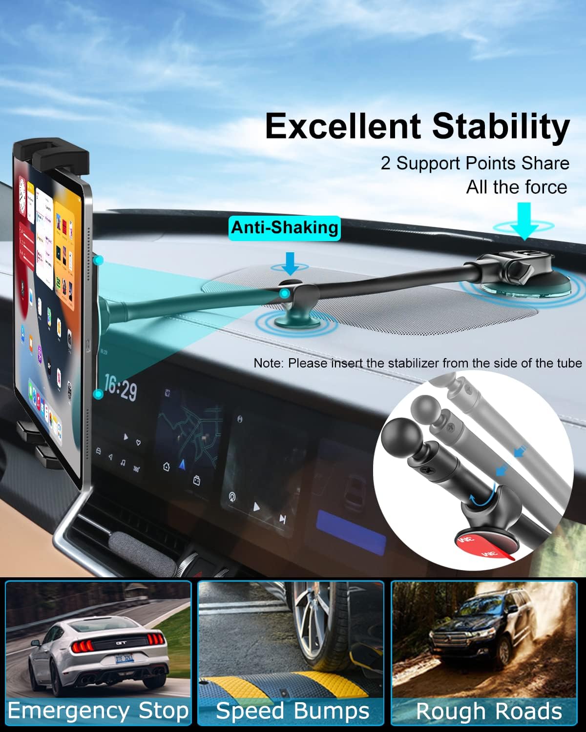 woleyi Soporte para tablet para parabrisas de tablero de automóvil brazo largo de cuello de cisne Soporte de iPad con ventosa para automóvil,