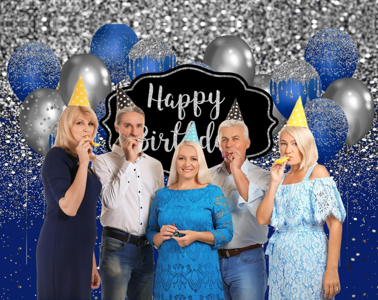 Telón de fondo de feliz cumpleaños azul marino y plateado, globos azules y plateados con purpurina, diamantes, puntos, fiesta de cumpleaños, fondo