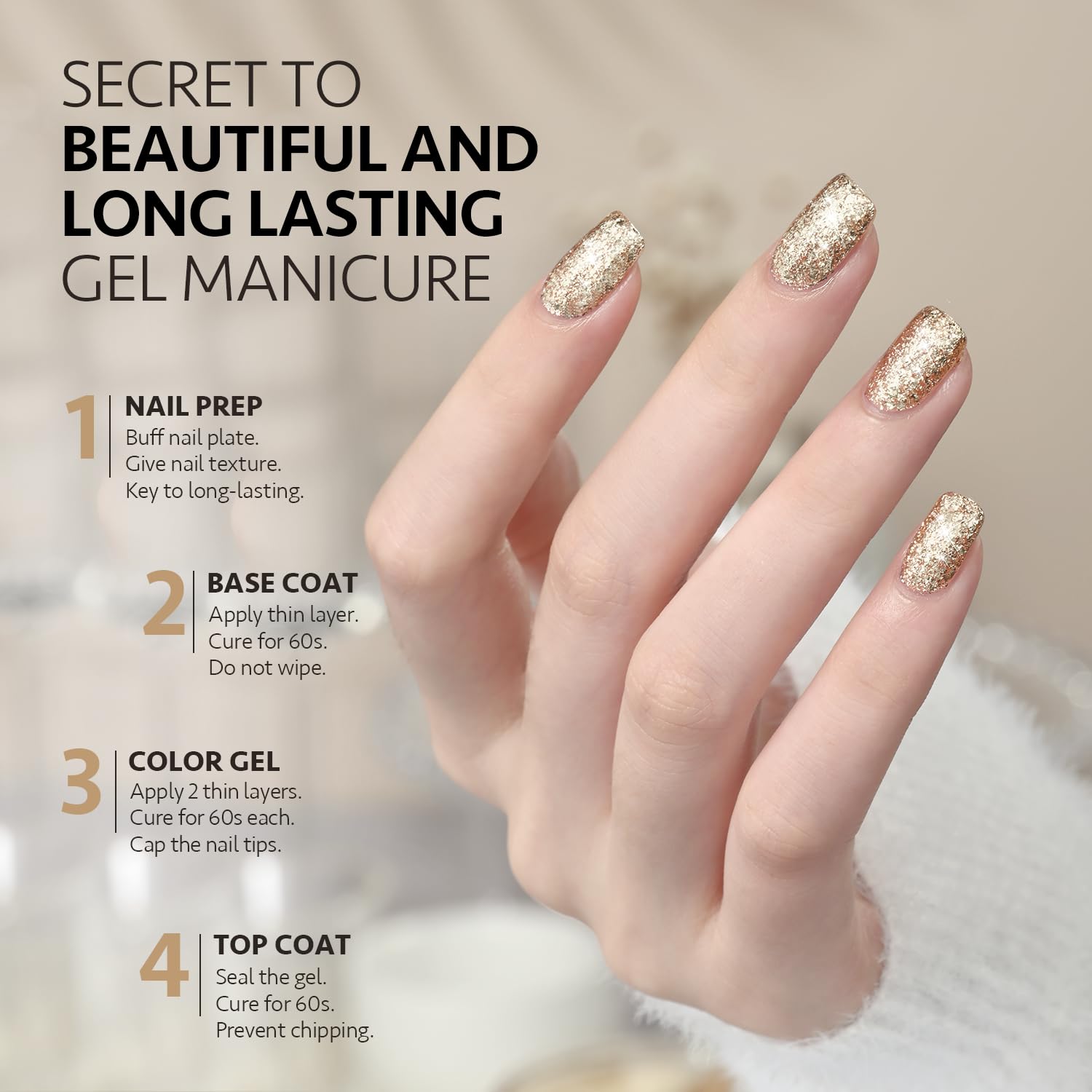 GAOY Esmalte de uñas de gel con purpurina, 0.6 onzas líquidas, esmalte de gel dorado brillante, gel UV con purpurina brillante para arte de uñas,