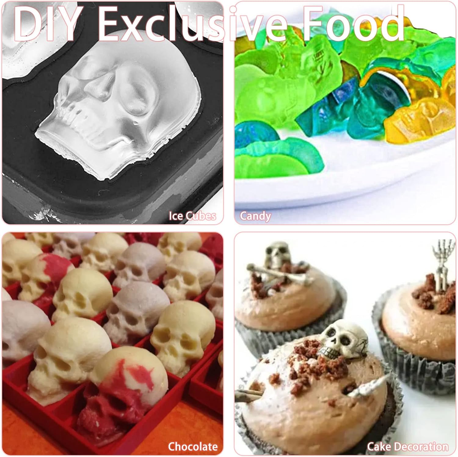 2 moldes de silicona para caramelos de calavera en forma de gomita, moldes de calavera 3D, molde de azúcar, molde de chocolate con 40 cavidades,