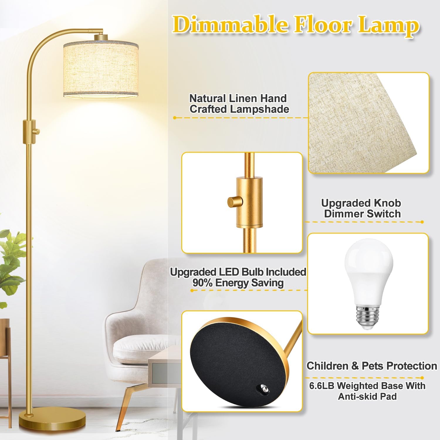 ActualizadaLámpara de pie regulable, bombilla LED de 1200 lúmenes incluida, lámparas de pie de arco dorado para sala de estar, lámpara de pie