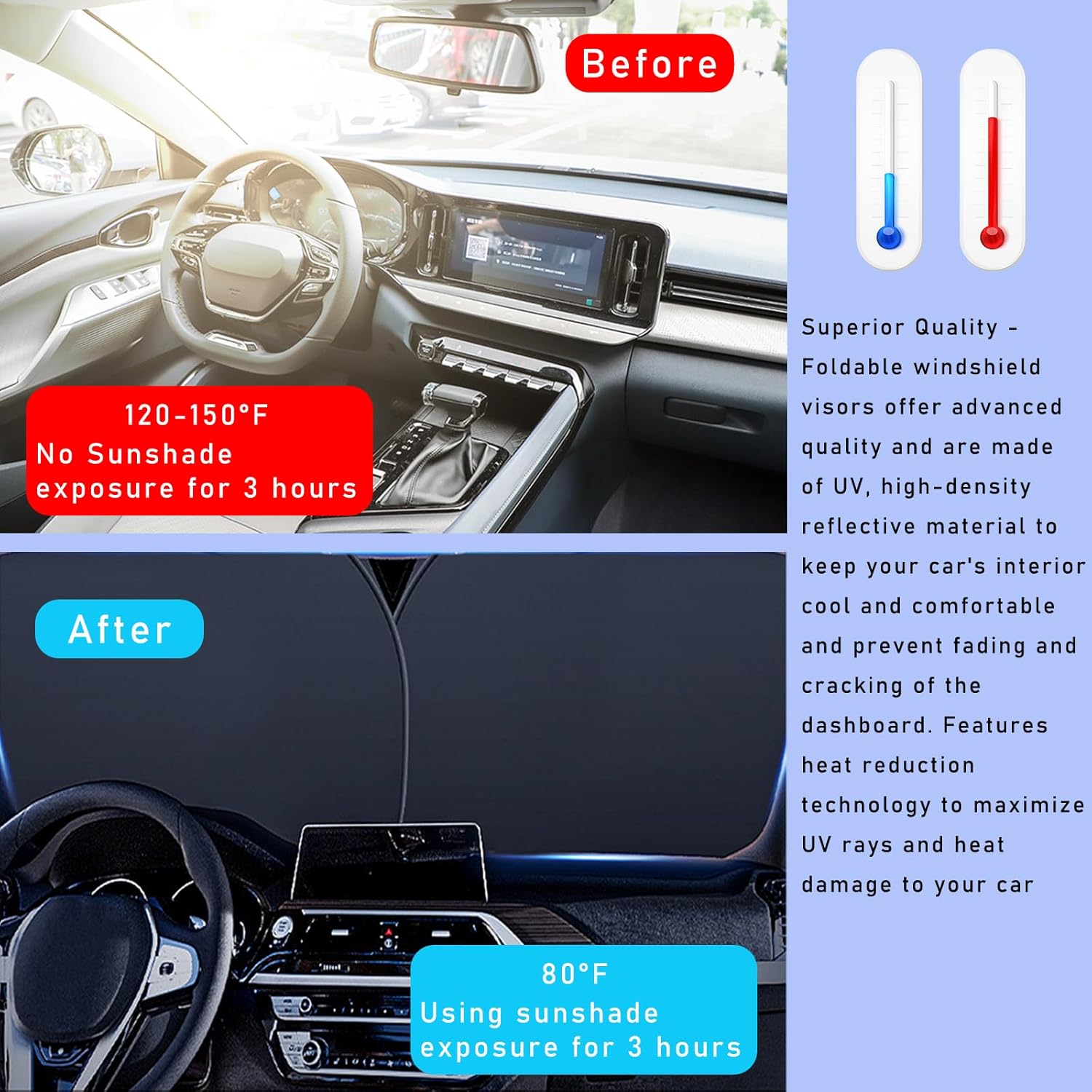 2 parasoles para parabrisas de automóvil, bloqueador de calor solar y rayos UV, protector plegable de 31.1 x 27.9 pulgadas, accesorios universales