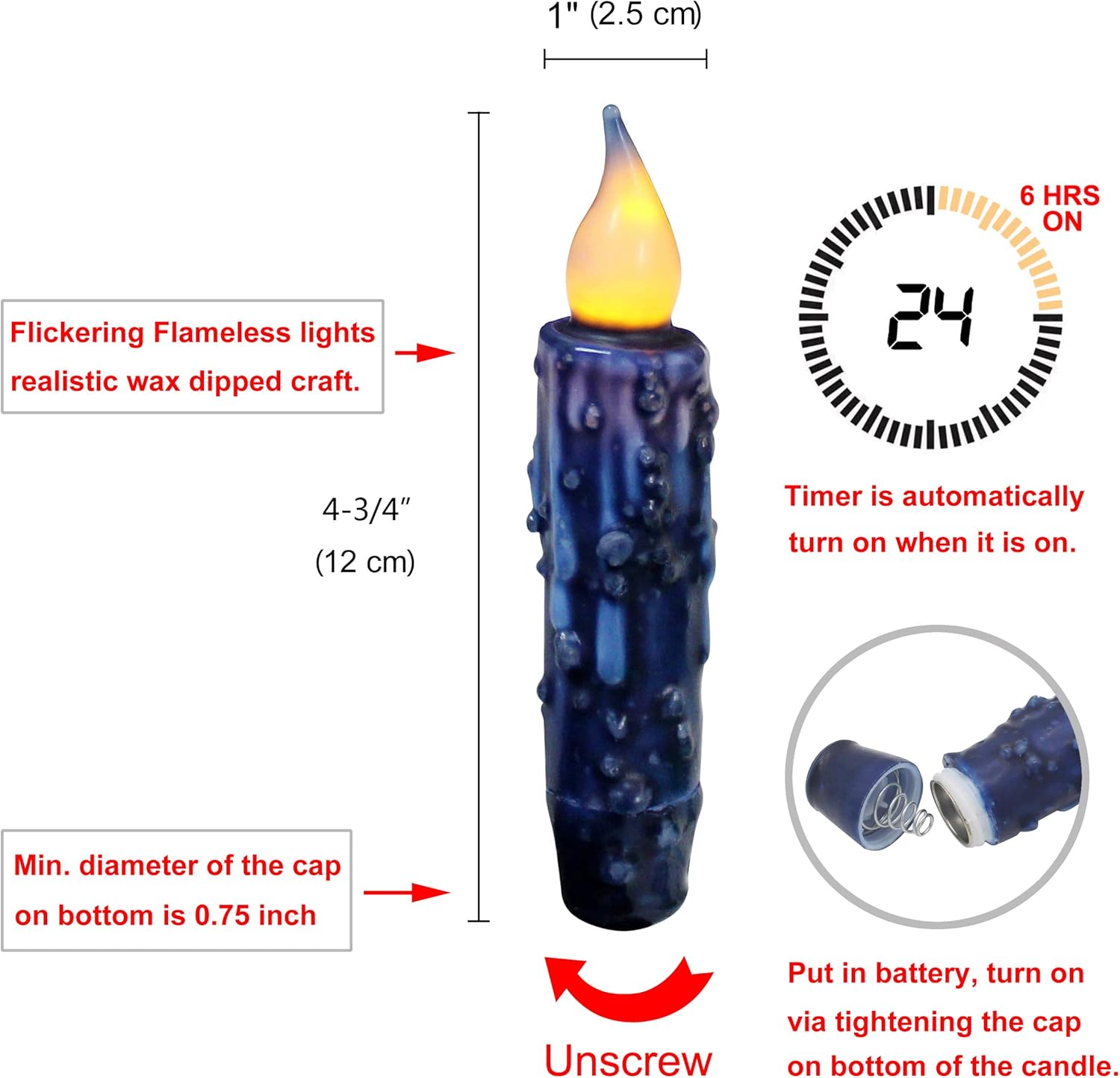 CVHOMEDECO. Velas de cera real sumergidas a mano con temporizador, luces LED rústicas sin llama, 4-34 pulgadas, azul marino, 3 unidades en un paquete