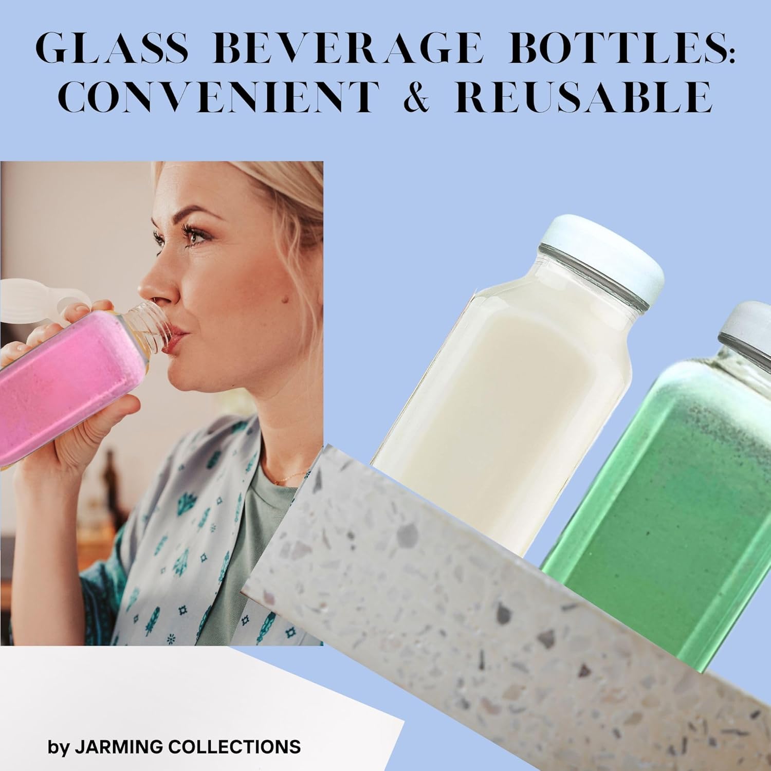 Botella de vidrio hermética cuadrada de 16 onzas con tapas de plástico, contenedor perfecto para almacenamiento de leche materna, botellas de vidrio