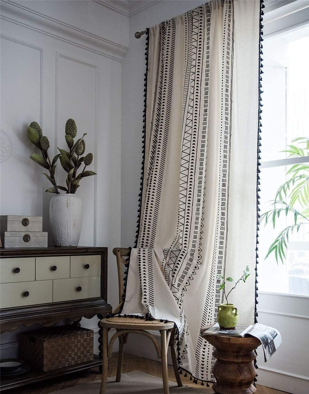 Cortinas negras y blancas de 63 pulgadas de largo, 2 paneles de cortinas bohemias de granja para sala de estar, cortinas geométricas de algodón y