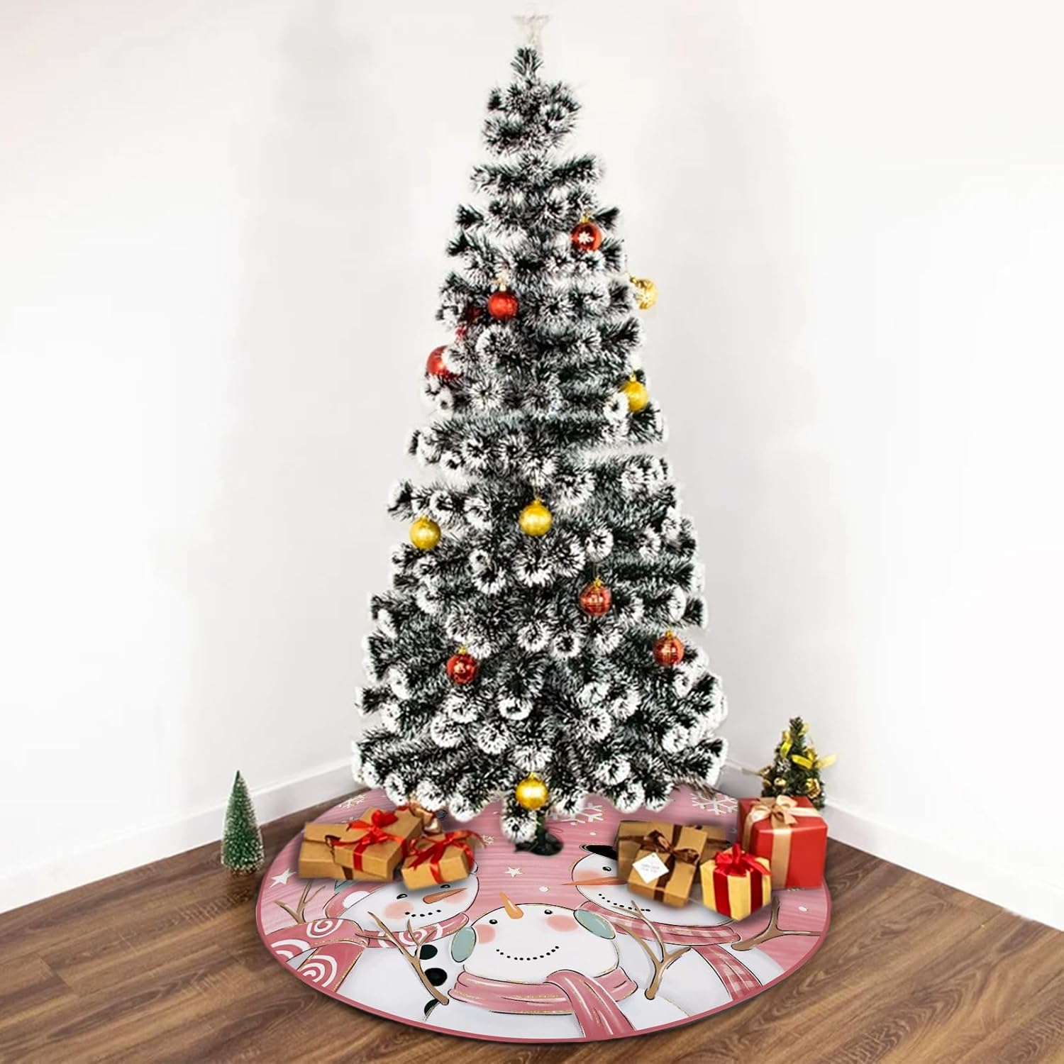 Fzbali Falda de árbol de muñeco de nieve de 48 pulgadas con cordones, falda de árbol de Navidad rosa artificial, fiesta de invierno, decoración de