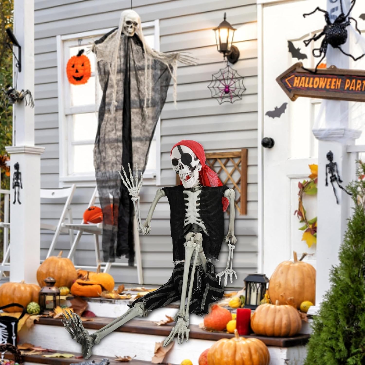 Esqueleto de tamaño real de Halloween, 65.0 in de estilo pirata, accesorios de esqueleto de imitación de 5.4 pies, modelo de esqueleto humano