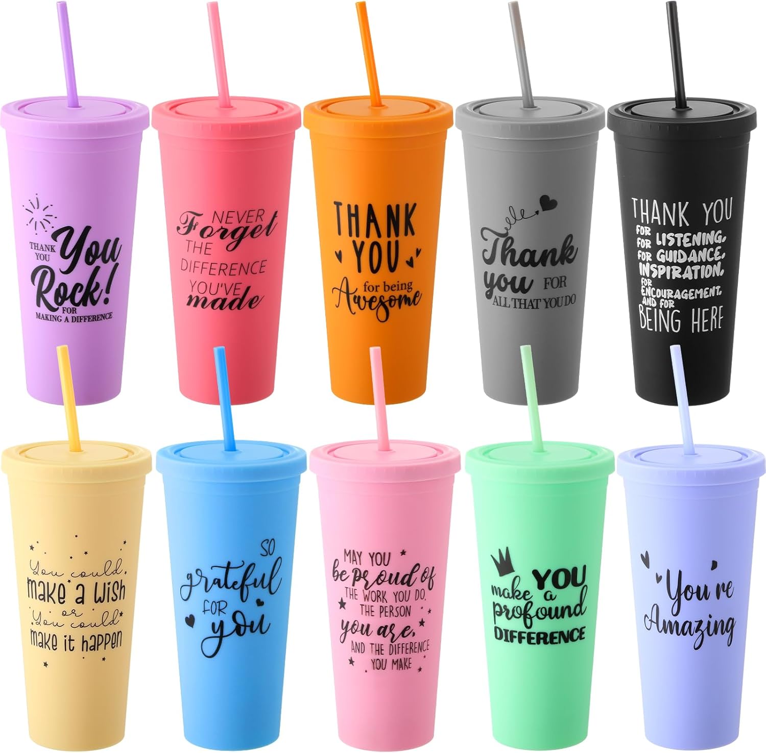 Nosiny 10 vasos de plástico inspiradores a granel con tapas y pajitas, regalos de agradecimiento, vasos de colores mate de doble pared para
