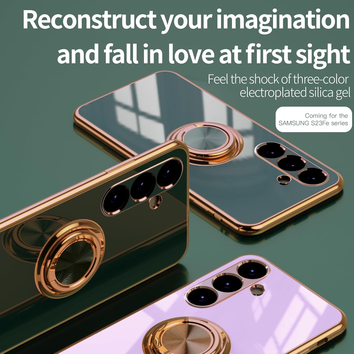 Funda para Galaxy S23 FE – Slim Fit Soporte de anillo giratorio Lujoso color dorado de metal Funda de silicona suave TPU protección a prueba de