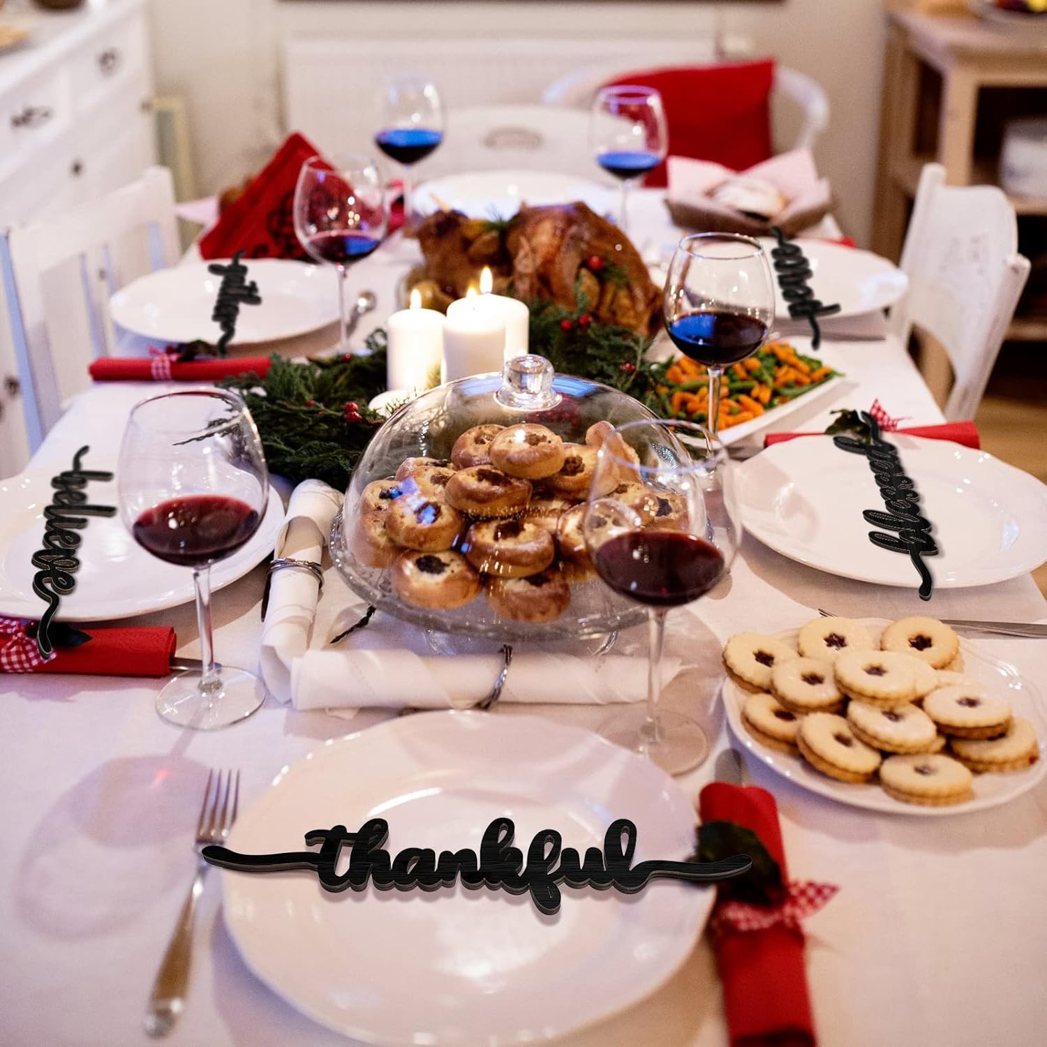 12 piezas de Navidad con recorte de madera con recorte de madera con texto en inglés “Joyful Merry Thankful Grateful Blessed Peace Gather”, letrero