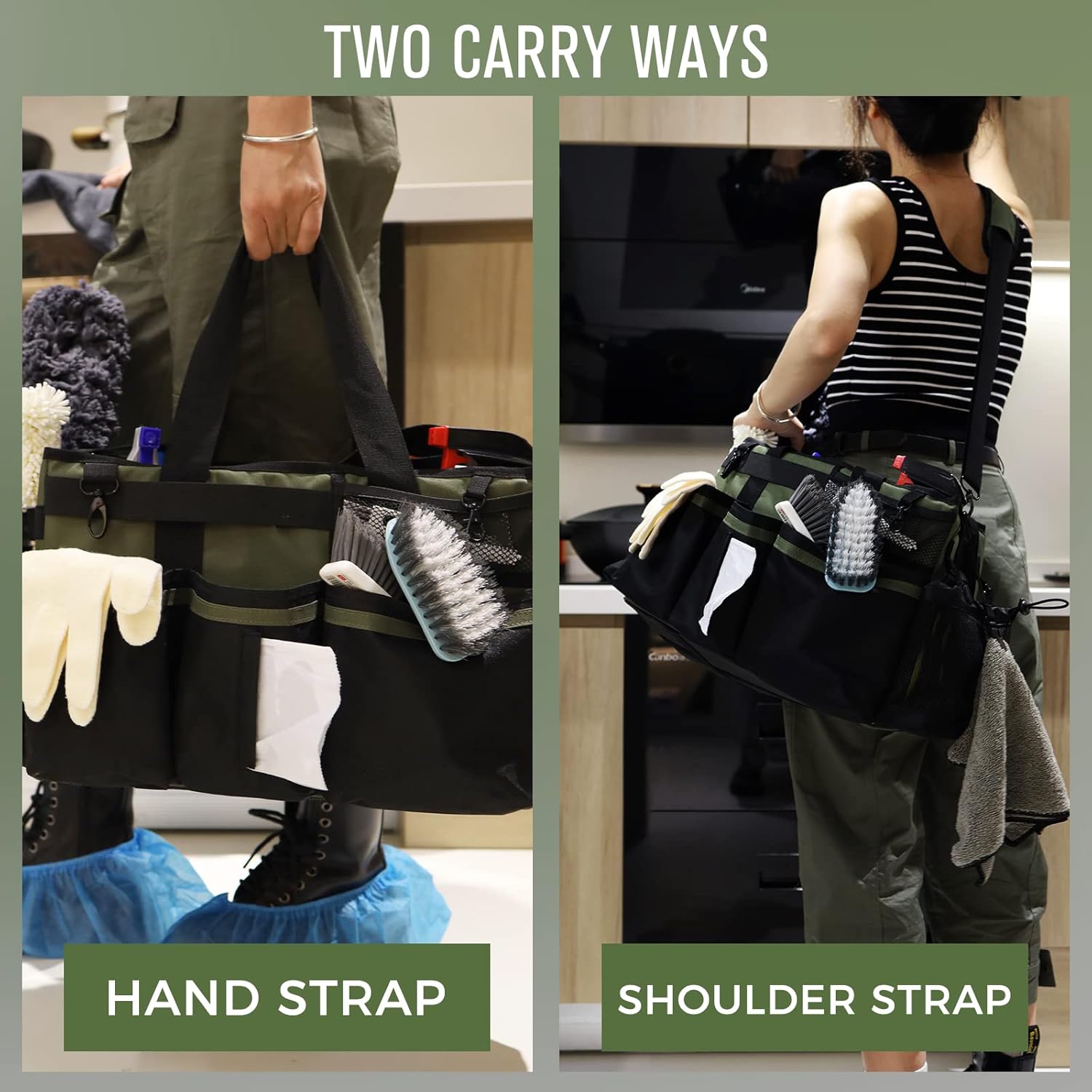 Paquete de 2 bolsas grandes de limpieza portátiles, verde y marrón