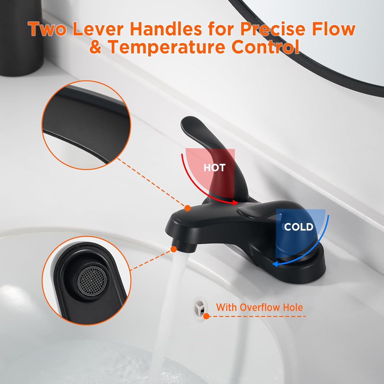Grifo de lavabo de baño con doble asa, juego central de 4 pulgadas, grifo de fregadero negro para baño con tapón de drenaje emergente, grifos de