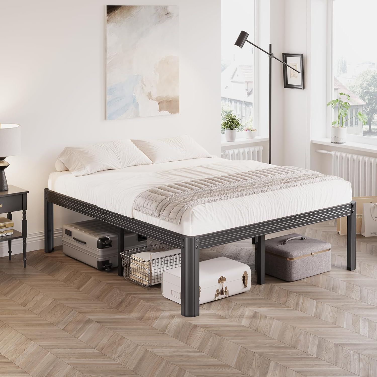 COMASACH 14 inch King Bed-Frame with Round-Corner and Cylinder Shaped Leg, No Box-Spring Needed, 3500 lbs Heavy Duty Non Slip Metal Platform Bed - Imagen 10