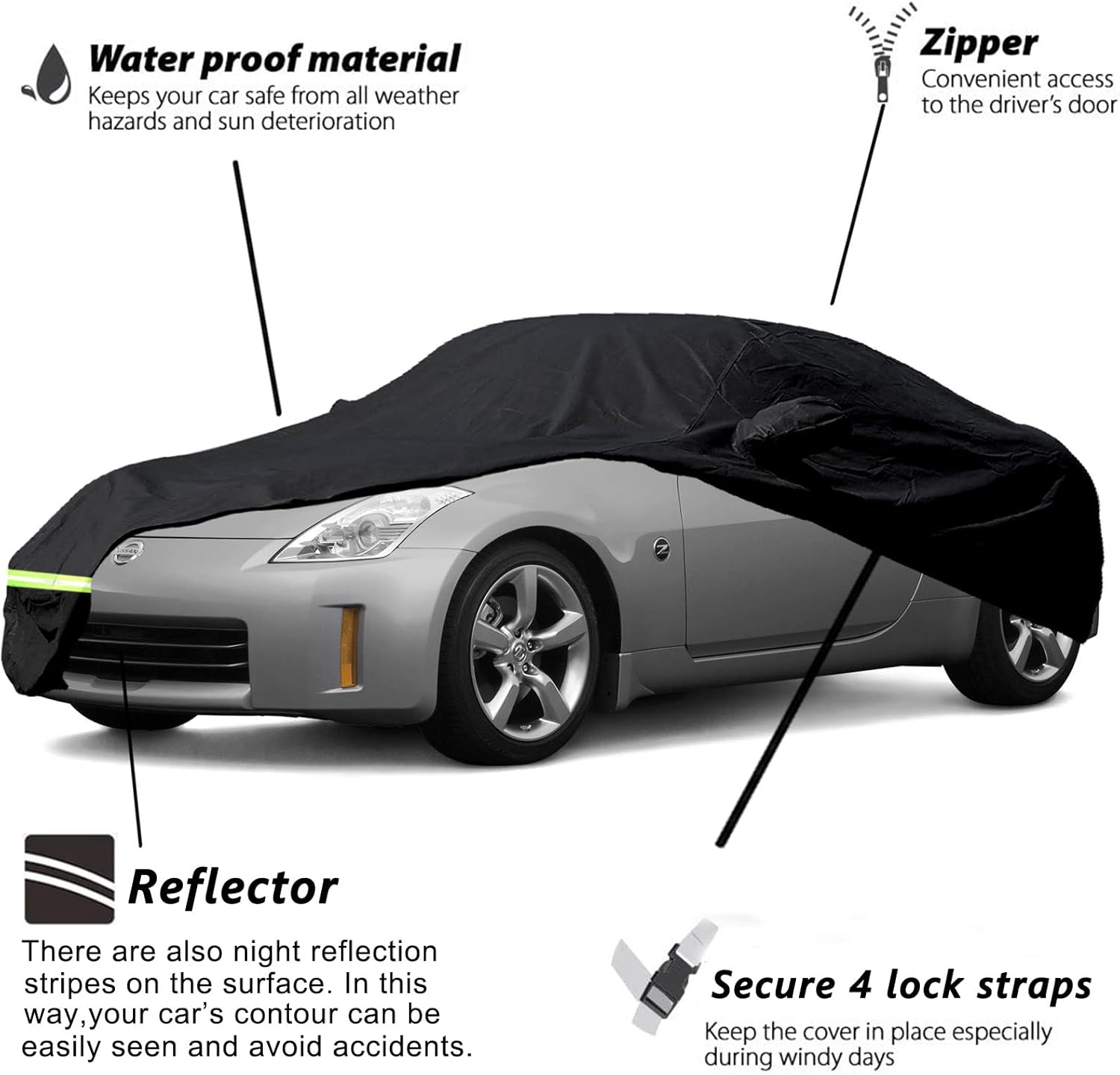 YIXIN Fundas impermeables para coche Nissan 350Z 2003-2009, cubiertas 190T, ajuste al cliente, correa 100% resistente al viento y cremallera de