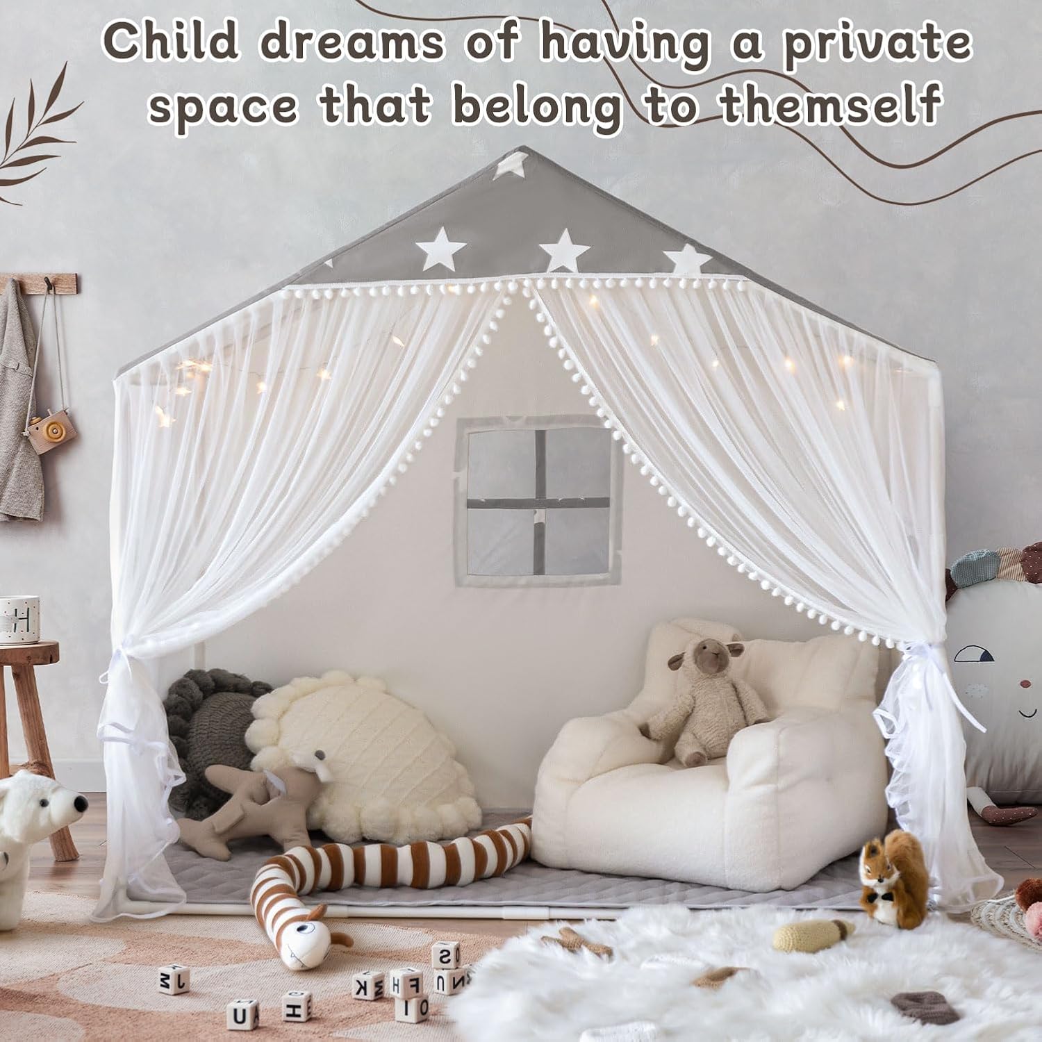 Tienda de campaña para niños con alfombra, tienda de campaña grande con cortinas de puerta de pompones, casa de juegos para niños para niñas y
