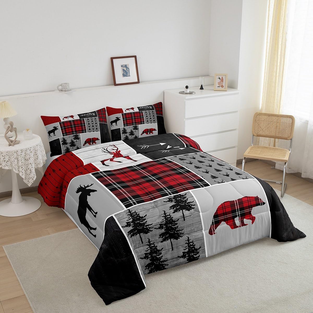 Juego de edredón de oso de ciervo y cuernos para niños, tamaño matrimonial, juego de ropa de cama de retazos con flechas bohemias para niños, niñas
