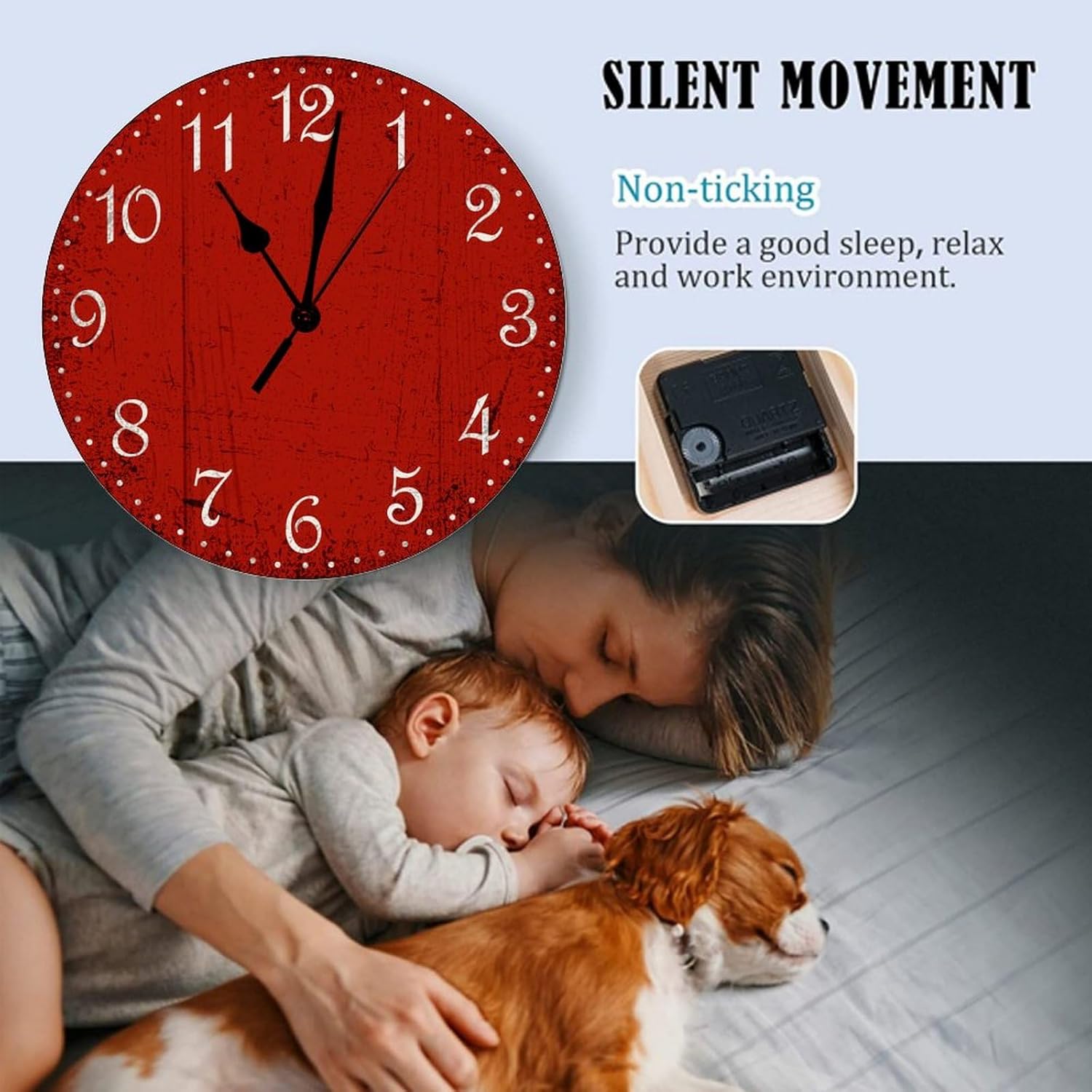 Reloj de pared rojo rústico de madera roja para sala de estar, funciona con pilas, reloj de pared silencioso de 15 pulgadas, reloj redondo retro