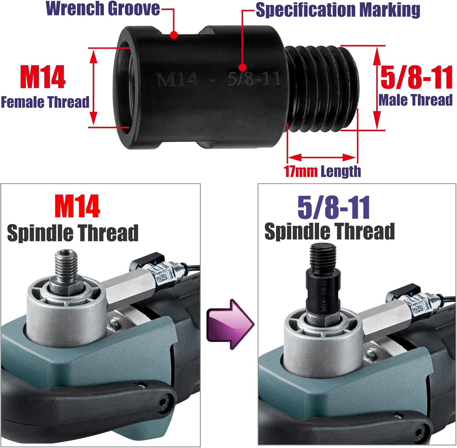 Yakamoz 2 piezas de accesorio para amoladora angular M14 hembra a 58 “-11 adaptador macho Pulidor giratorio M14 a 58”-11 adaptador convertidor