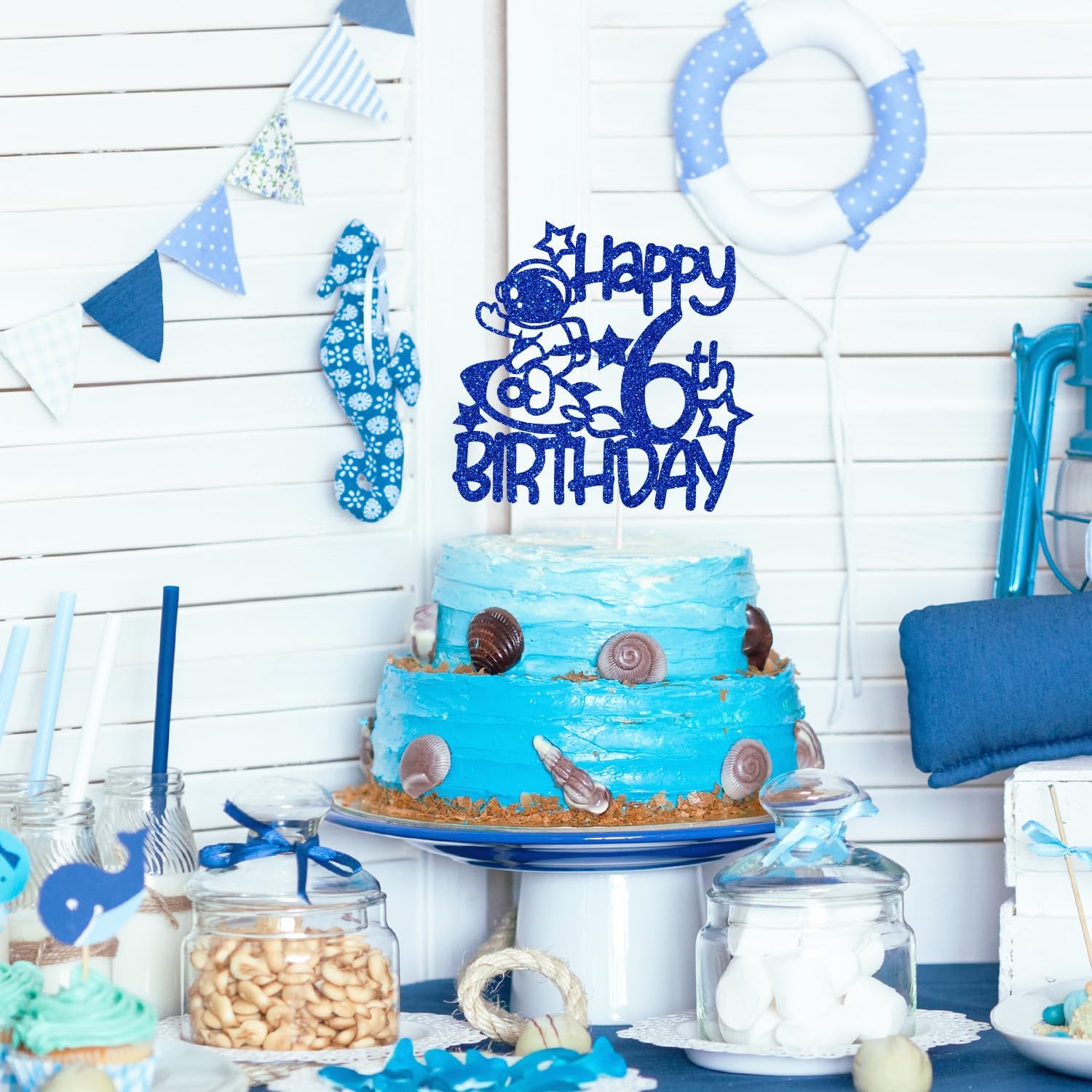 Space Happy 6th Birthday – Decoración para tartas de 6 años, decoración de fiesta de cumpleaños temática de astronautas para niños y niñas