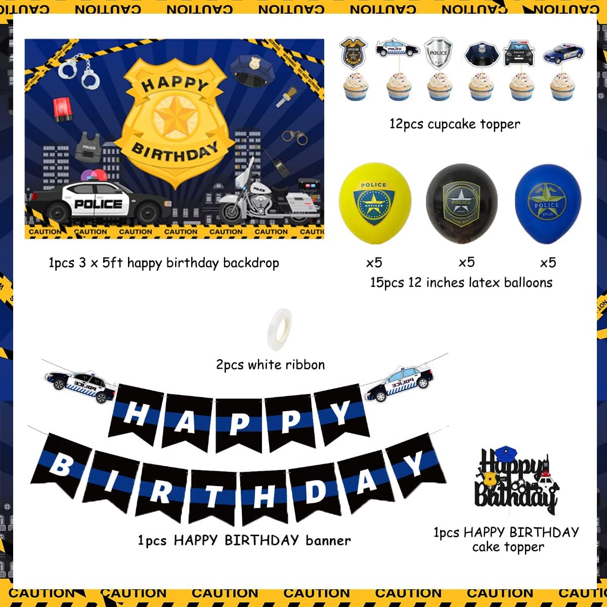 Decoraciones de cumpleaños de policía, decoraciones de fiesta de cumpleaños de policía para niños, globos temáticos de policía, pancarta de feliz