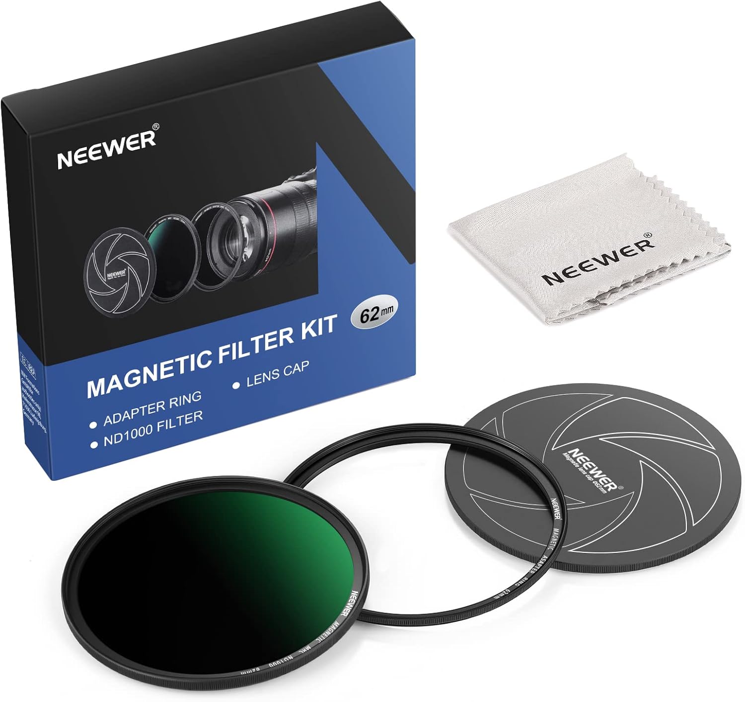 NEEWER Kit de filtro magnético ND 3 en 1 de 2.441 in, incluye filtro ND1000 de densidad neutra fija de 10 paradas + anillo adaptador+tapa de filtro
