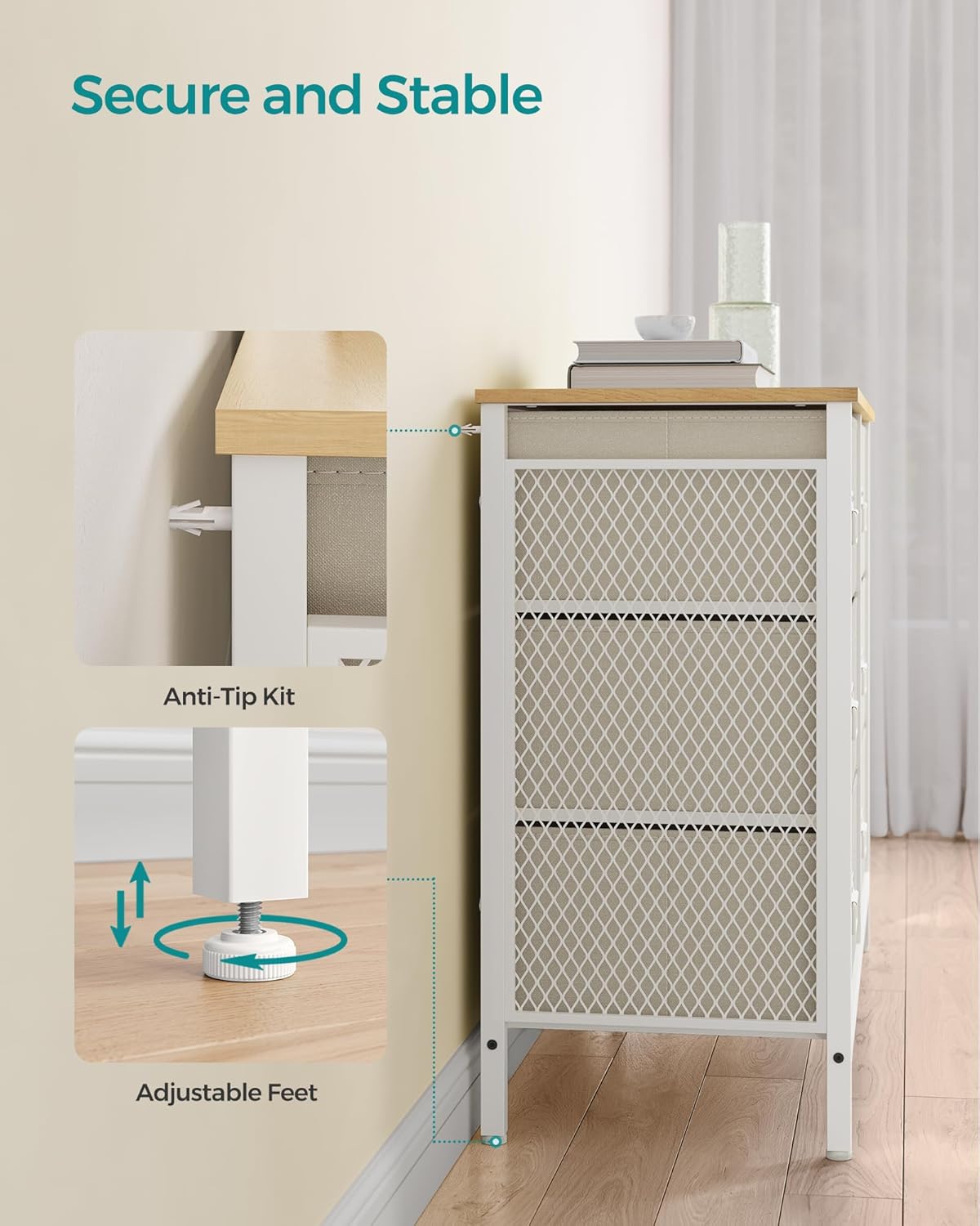 SONGMICS Cómoda para dormitorio, unidad organizadora de almacenamiento con 6 cajones de tela, marco de acero, para sala de estar, entrada, 15.7