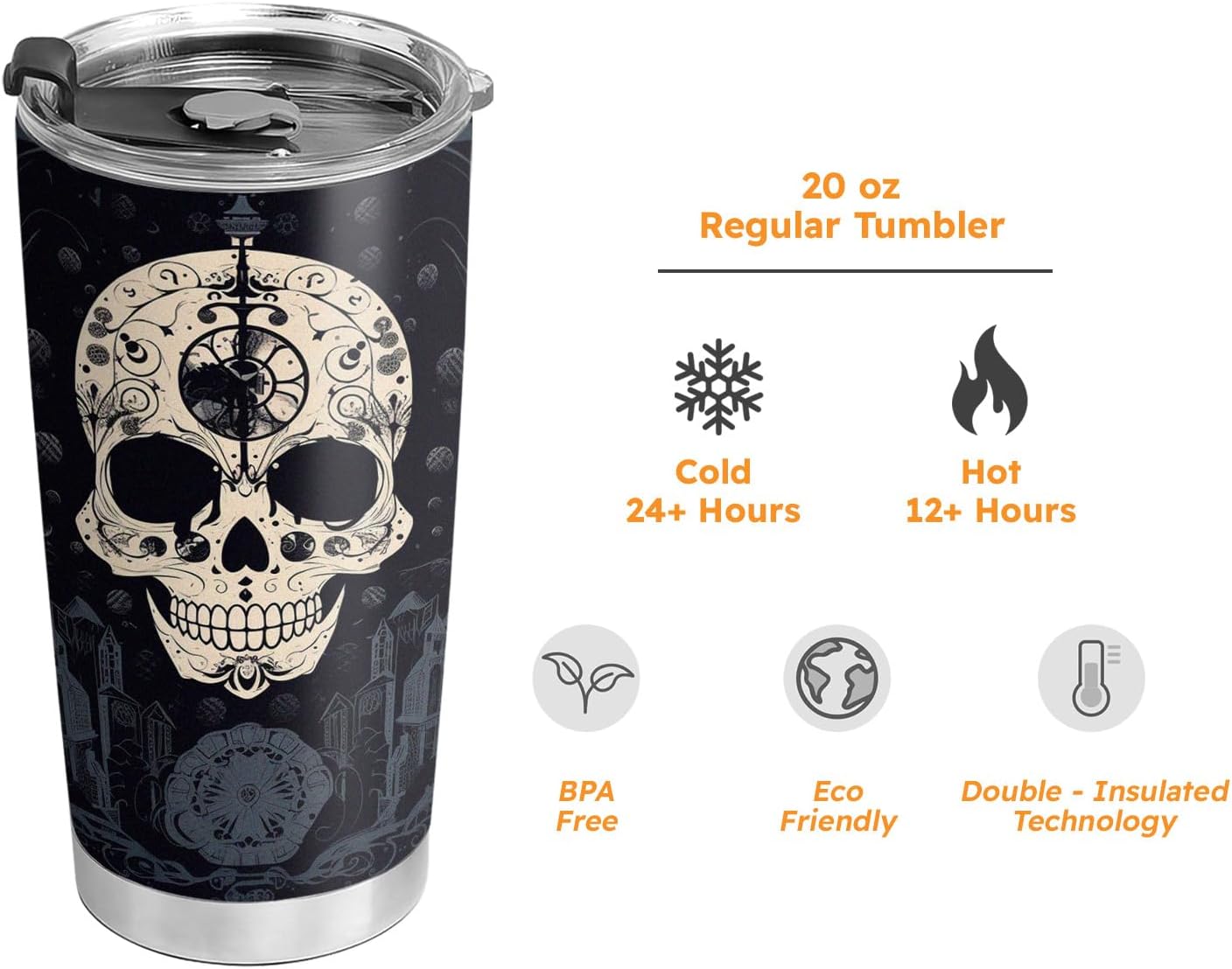 Vaso de Halloween de 20 onzas  Vaso de calavera  Vaso de calavera de calabaza de Halloween, taza de viaje aislada con tapa, termo de café para