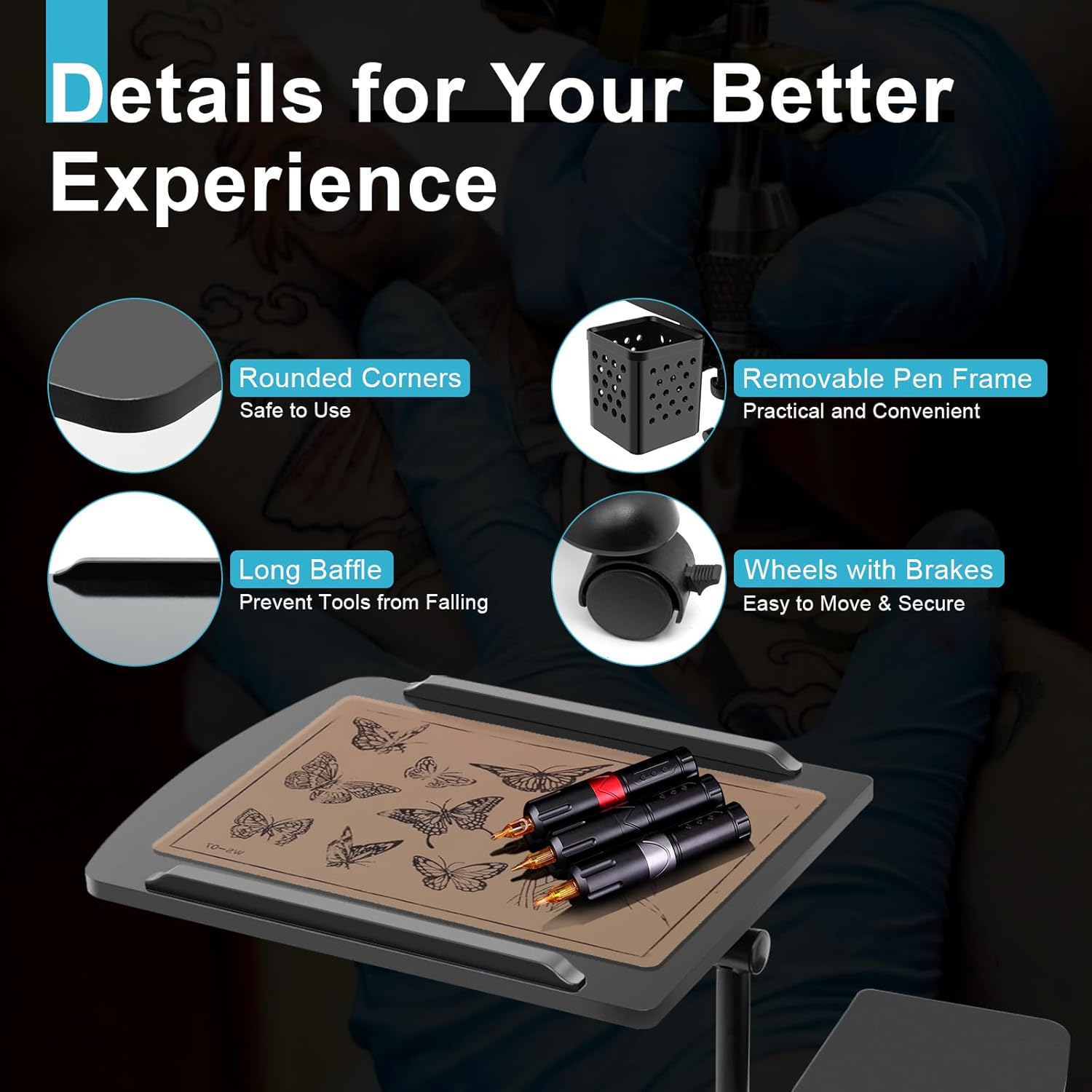CNCEST Estación de trabajo portátil de tatuajes móviles para reposabrazos, mesa de trabajo con ruedas universales, altura ajustable
