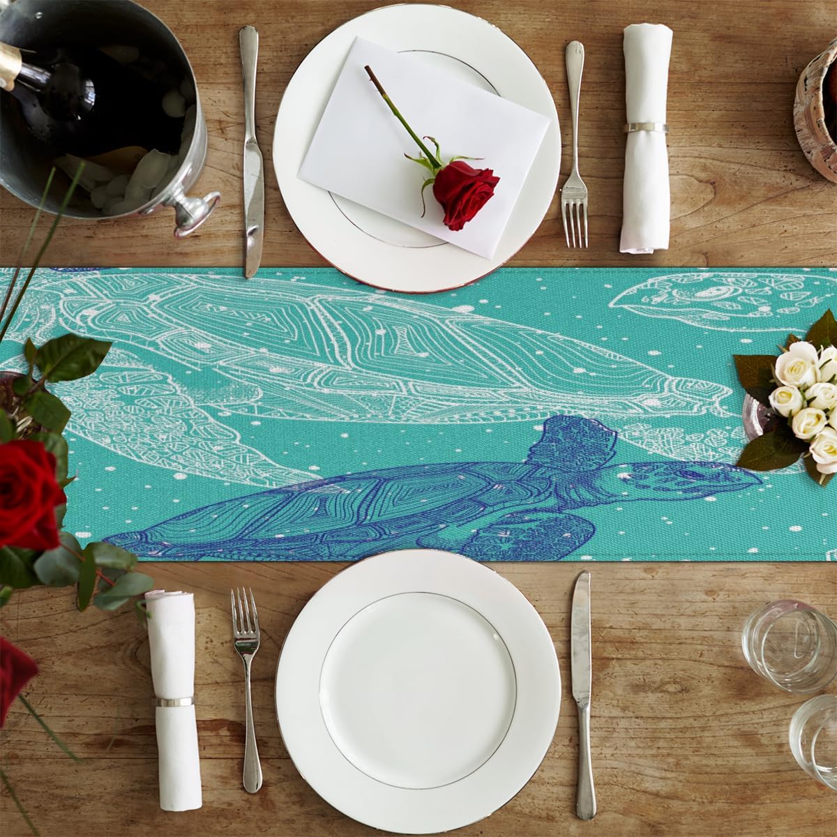Table Runner Abstract Ocean Turtle, Rustic Linen Table Cloth, Kitchen Dining Table Decoration for Home Party Decor 13 x 48 Inches