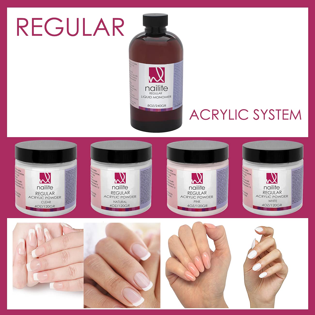 Nailite Regular – Polvo acrílico profesional para extensión de uñas, sistema de ajuste lento, fórmula EMA y efecto no amarillento, transparente (16