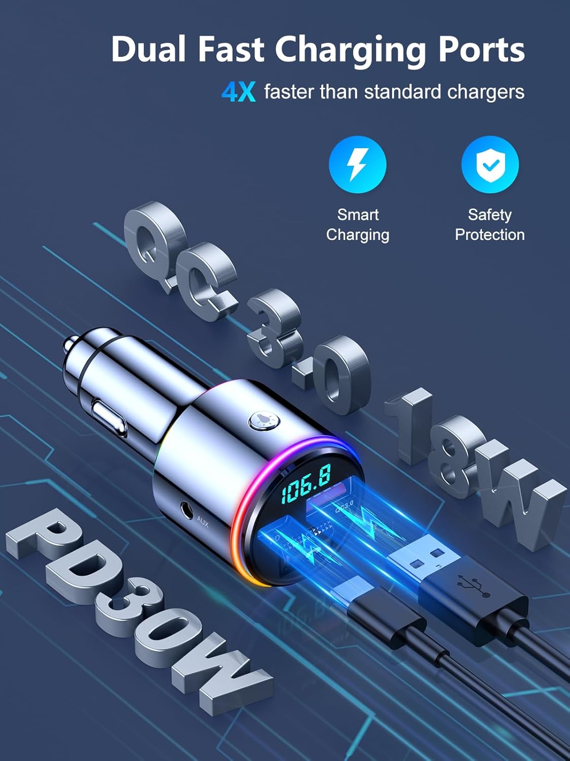 Transmisor FM Bluetooth 5.3 para coche, adaptador de radio FM inalámbrico Bluetooth para automóvil, QC3.0 18 W y cargador rápido tipo C PD 30 W,