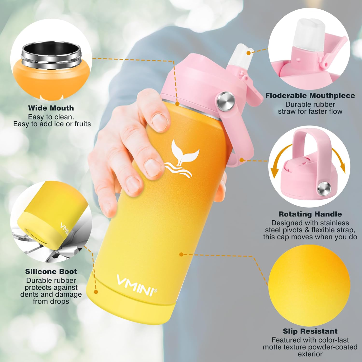 Botella de agua, botella de agua aislada con popote y bota, botella de agua de acero inoxidable para deportes y viajes, termo aislado para hombres,