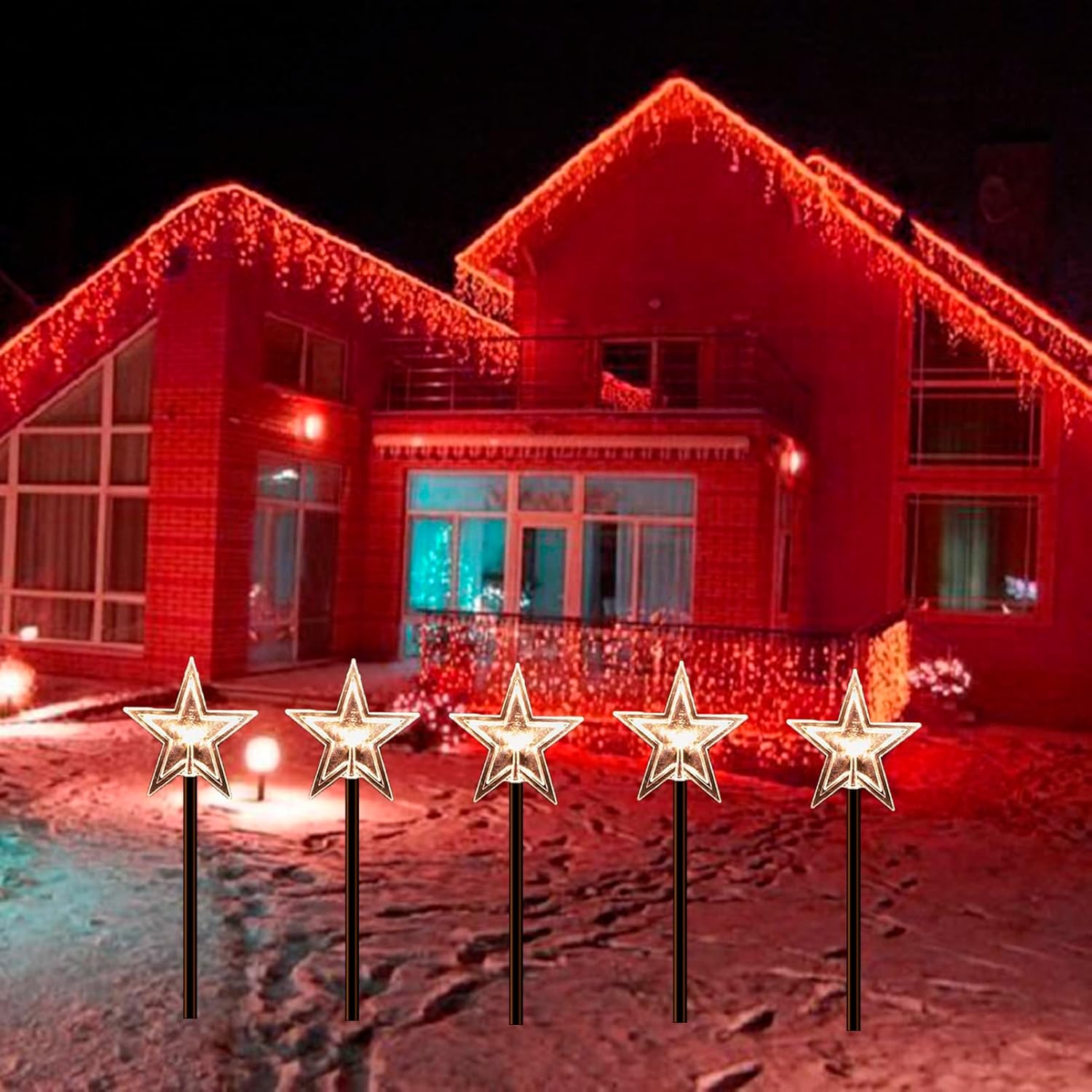 Rehenbsem Luces solares de Navidad para exteriores, 5 luces de estaca impermeables de ahorro de energía, 2 modos de iluminación, decoración de