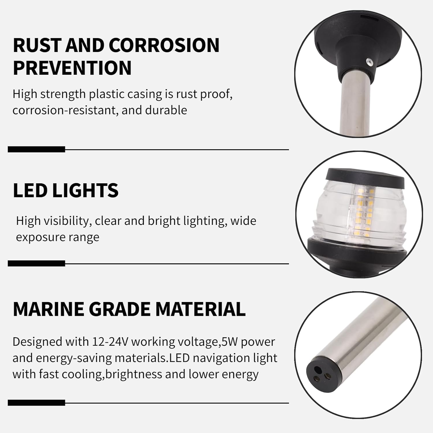 Yunseity Luz de popa para barco, luz LED de anclaje de 12 pulgadas, visibilidad de 2 NM, luces marinas todo redondo, IP65, impermeable, 360 grados,