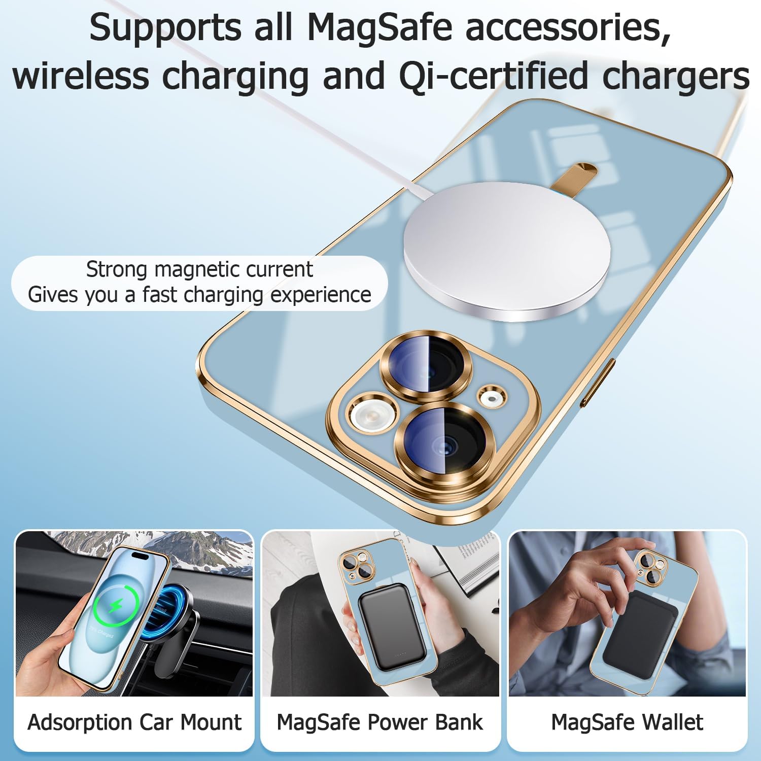 Funda azul para iPhone 15 compatible con Magsafe protector de lente de cámara integrado borde chapado suave a prueba de golpes magnético para iPhone