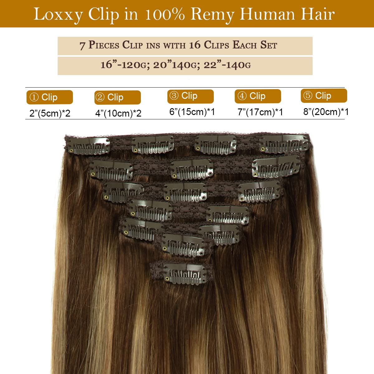 Loxxy Extensiones de cabello humano ombré marrón chocolate a rubio caramelo, gruesas, sedosas, lacias, con clip de doble trama, extensiones de