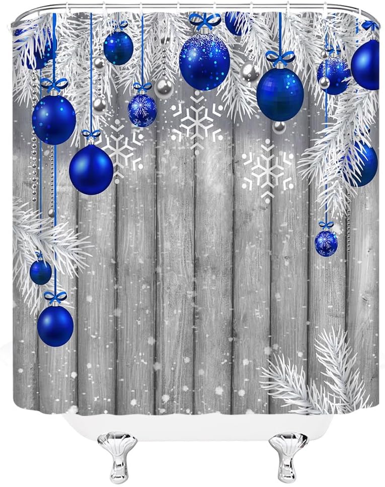 Cortina de ducha de bola de Navidad, bola de Navidad azul, tablero de madera rústica, decoración de baño, cortinas de poliéster