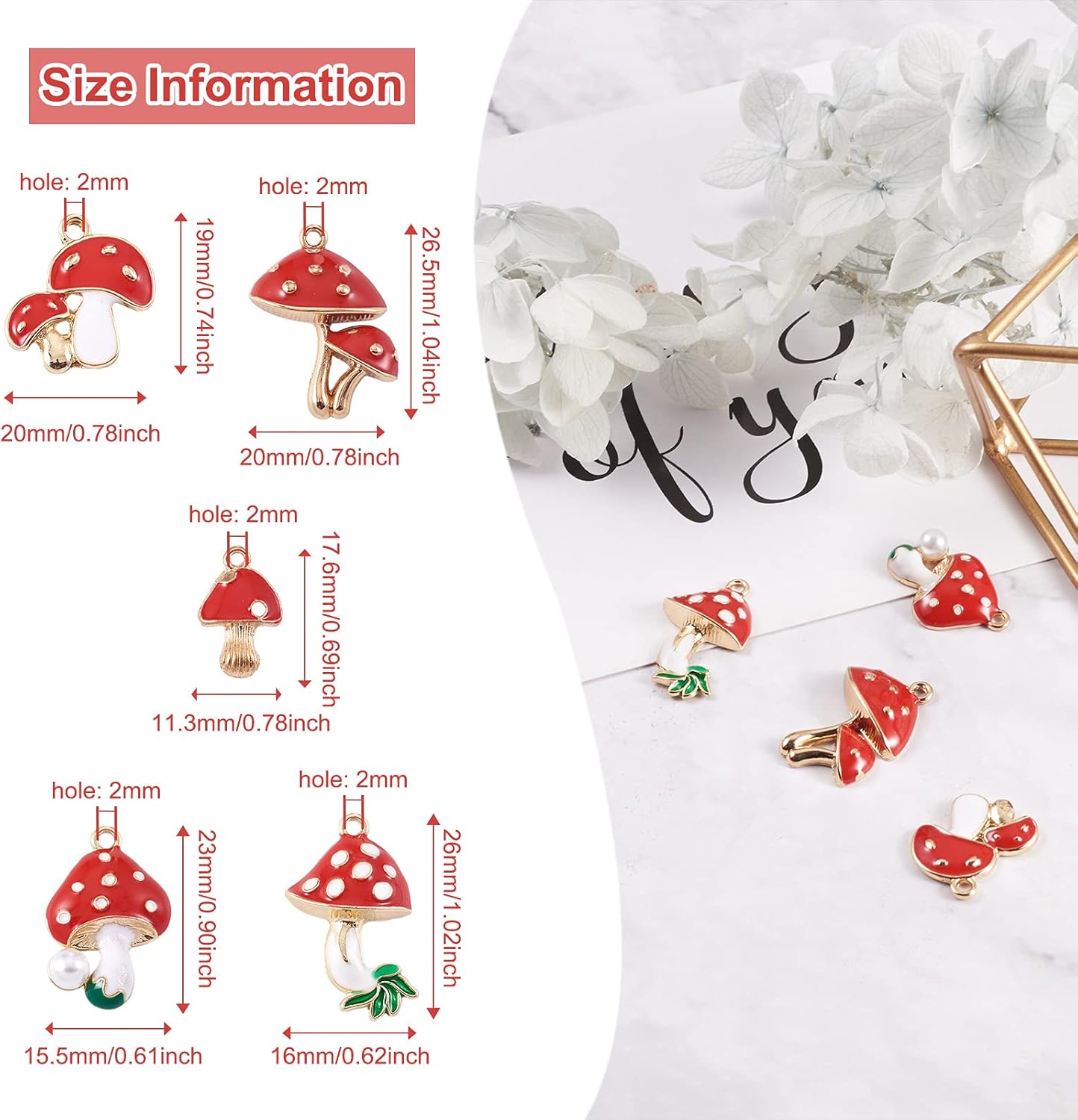 20 dijes colgantes de hongos esmaltados de aleación, 5 formas, hongo rojo con perlas de imitación de resina de 0.906 x 0.610 in para pulseras,