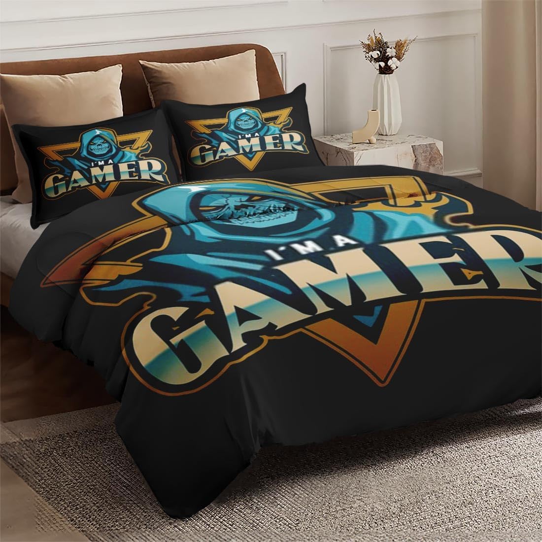 Funda de edredón tamaño Queen, juego de ropa de cama vintage con cierre de cremallera para niños y adultos, funda de edredón de juegos de calavera