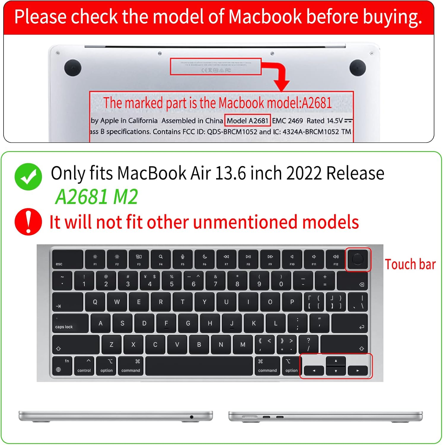 Seorsok Funda compatible con el nuevo MacBook Air de 13.6 pulgadas, versión 2022, chip A2681 M2 con pantalla de retina líquida, Touch ID, carcasa