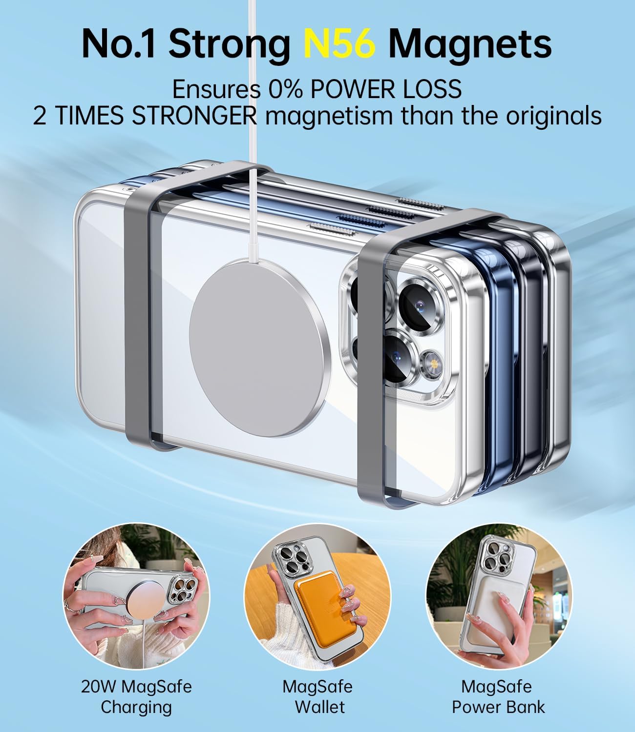 JUESHITUO Magsafe – Funda magnética transparente para iPhone 15 Pro Max con protección completa de cámara Imanes N56 fuertes N56 protección contra
